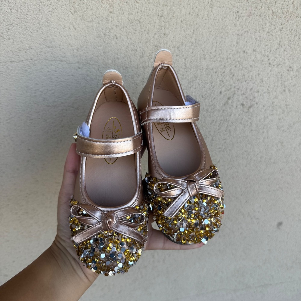 Shao Mary Jane Flats Kids Size 27 Rose Gold Sequin Bow Dress Shoes Sparkly Bling - Picture 3 of 7